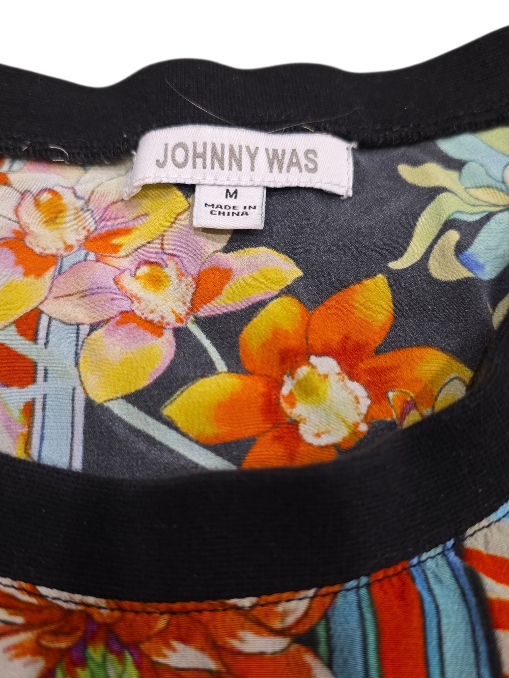Johnny Was Black Floral Scoop Neck Blouse with Orange Accents - Picture 4 of 7